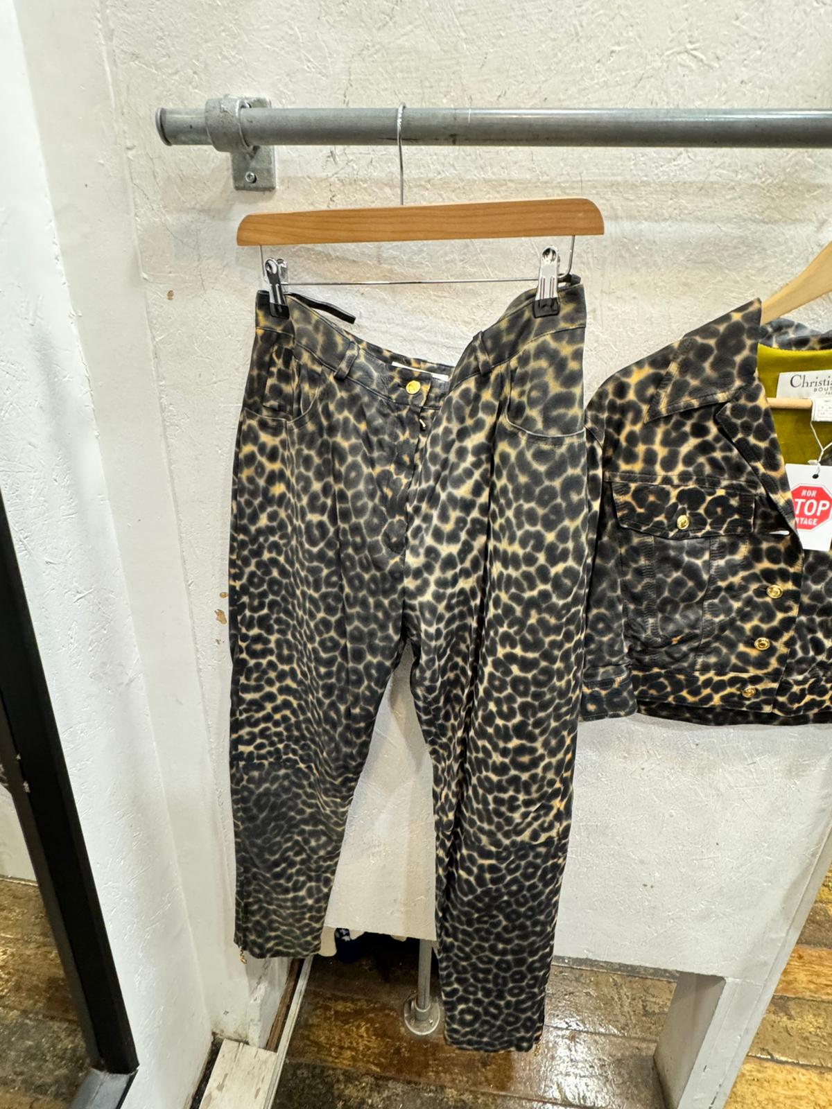 Christian Dior Leopard Print Leather Jacket and Pants Set Size 14