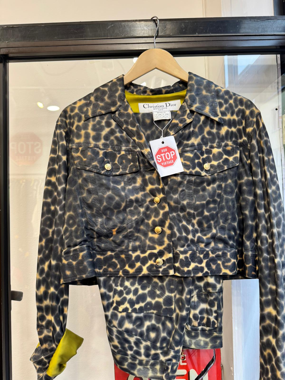 Christian Dior Leopard Print Leather Jacket and Pants Set Size 14